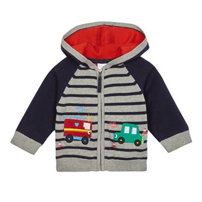 bluezoo Baby boys' grey fire engine and car applique hooded cardigan